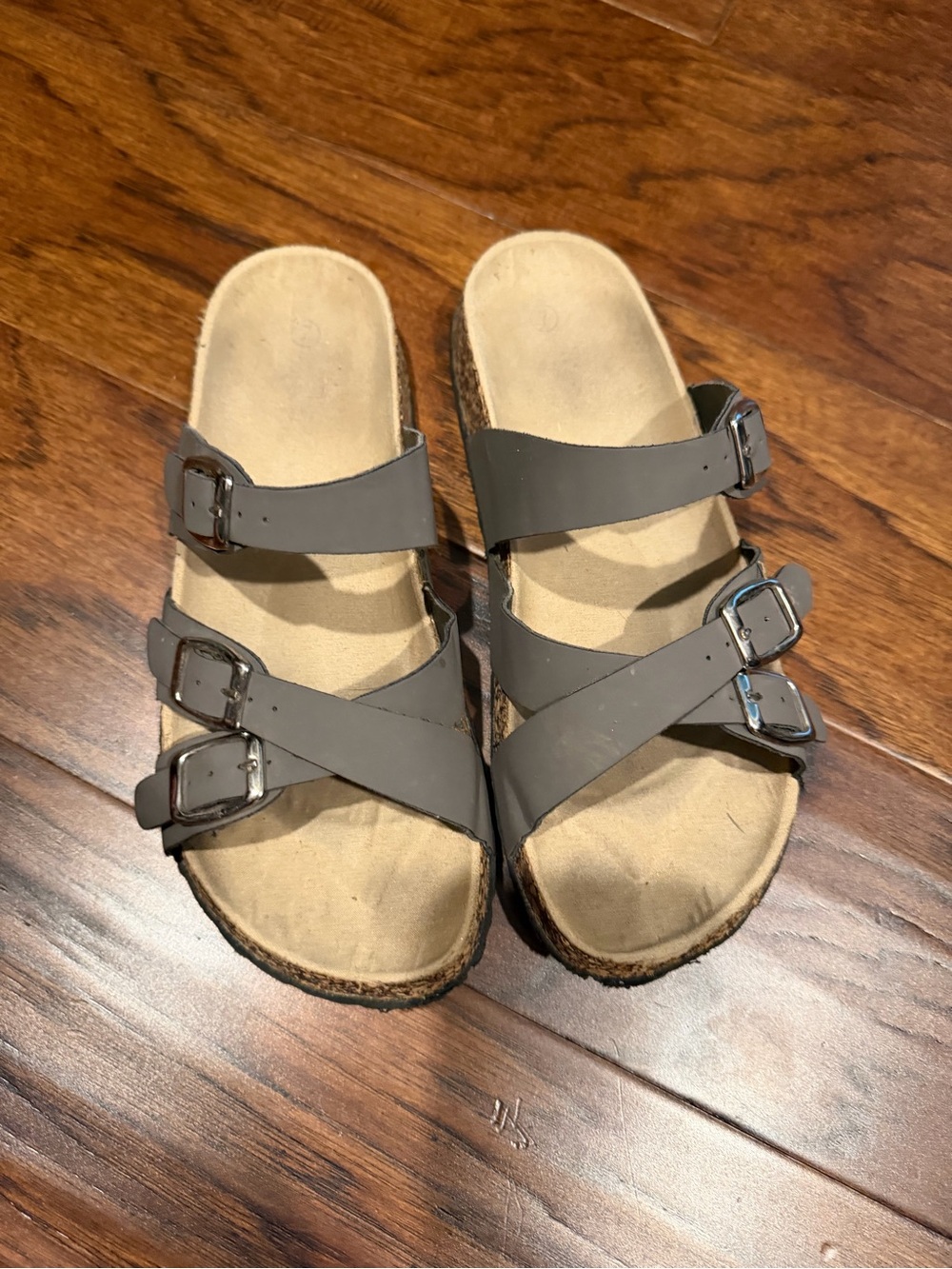 Source Unknown Gray Triple-Buckle Cork Footbed Sandal